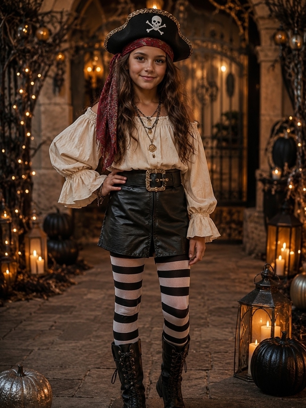 4/$15 Girls 10 12 Black Faux Leather High-Waist Skirt Layer Costume Pirate